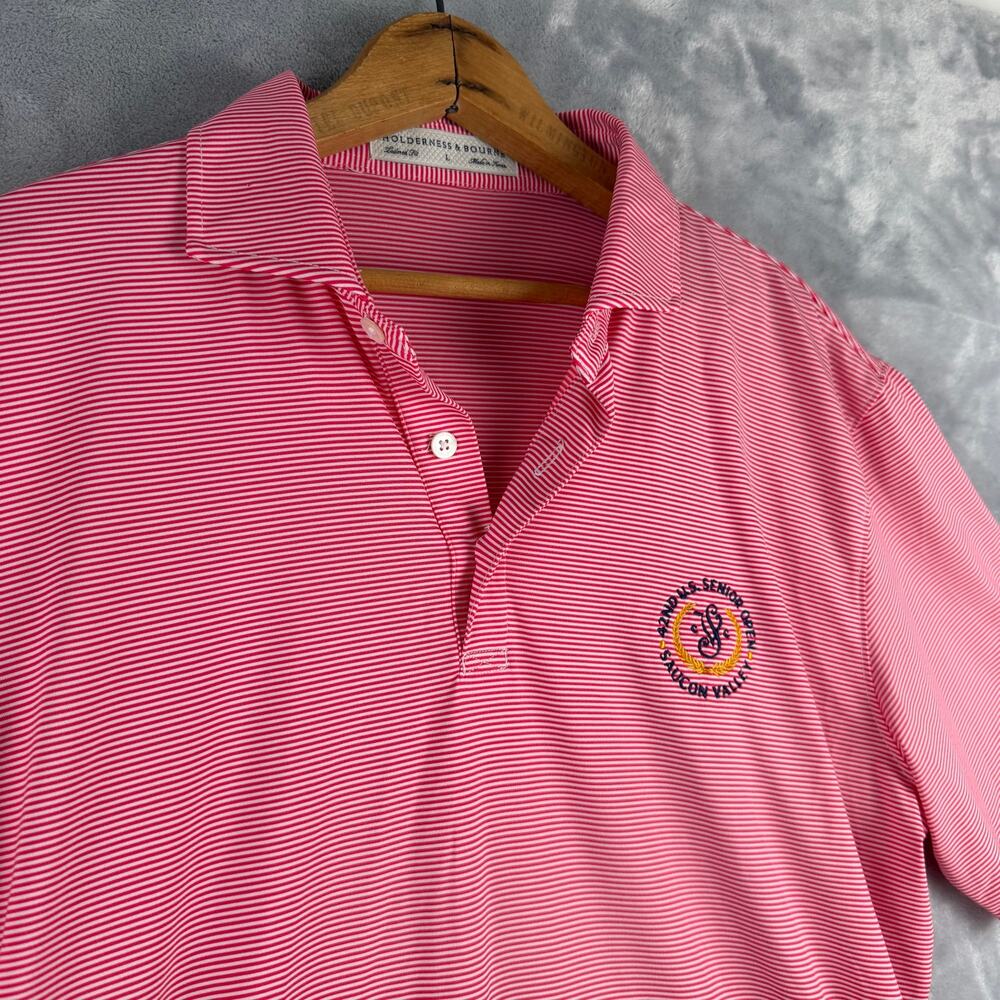 Holderness & Bourne Polo Shirt Mens Large Pink  Stripe Golf Logo Performance